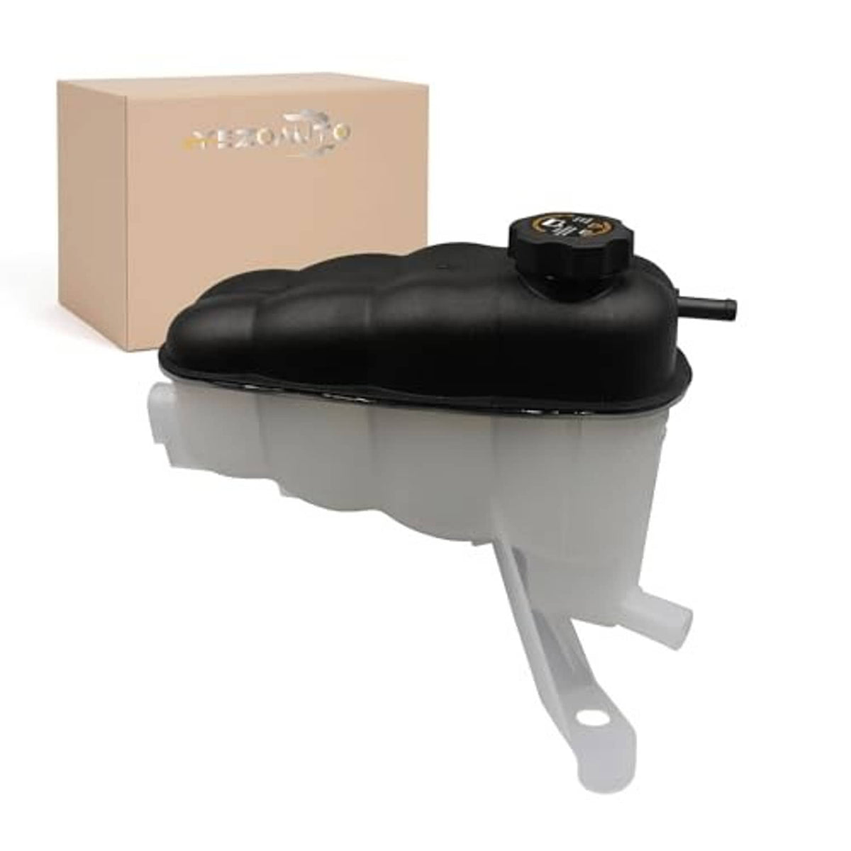 Pressurized coolant reservoir with black cap and outlet tube, translucent white body