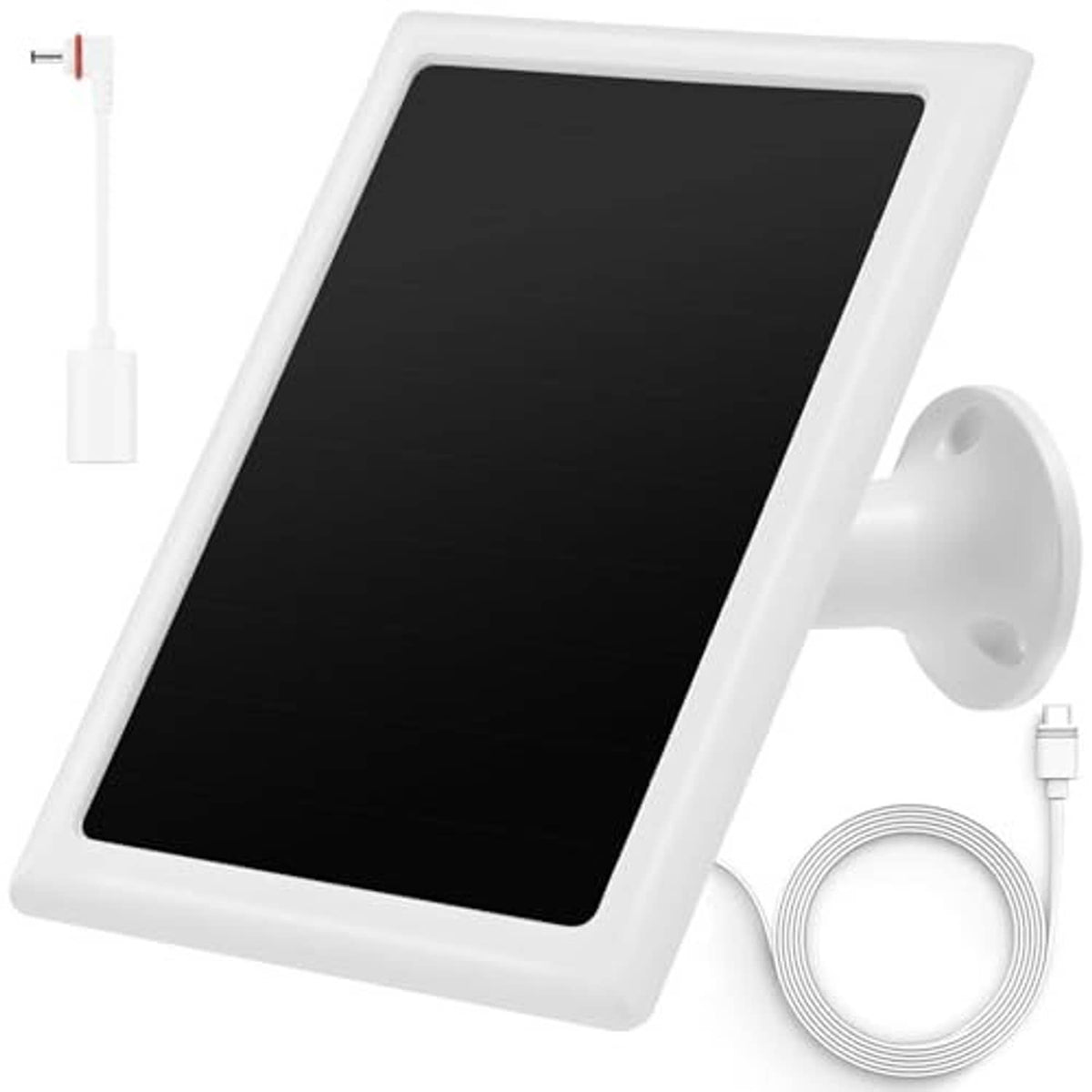 White solar panel charger with black panel, wall mount bracket, and coiled cable