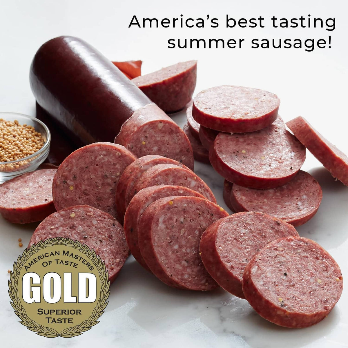 Sliced Hickory Farms Beef Summer Sausage rounds, dark red with visible spice flecks