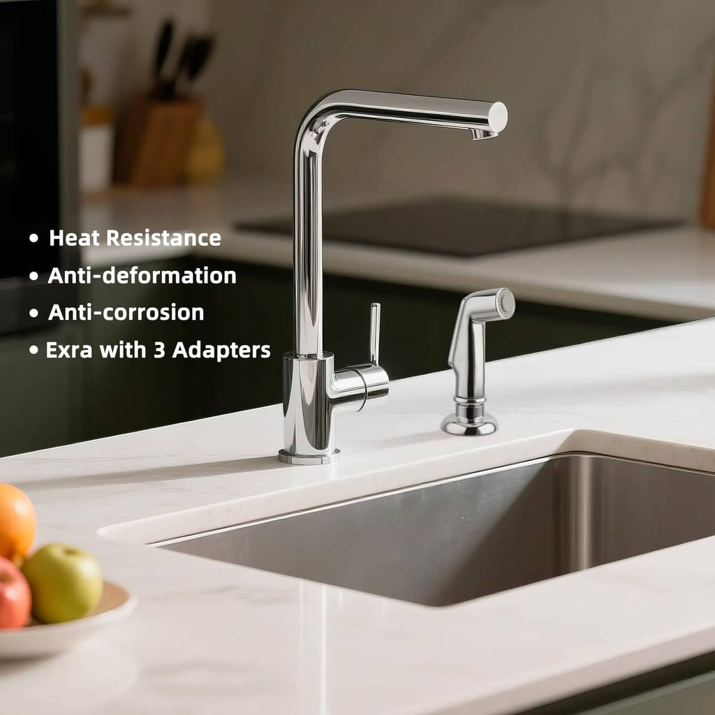 Chrome kitchen sink sprayer with curved spout on sink countertop