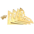 Brass table corner bracket set with ornate scroll cutouts and mounting holes, includes screws