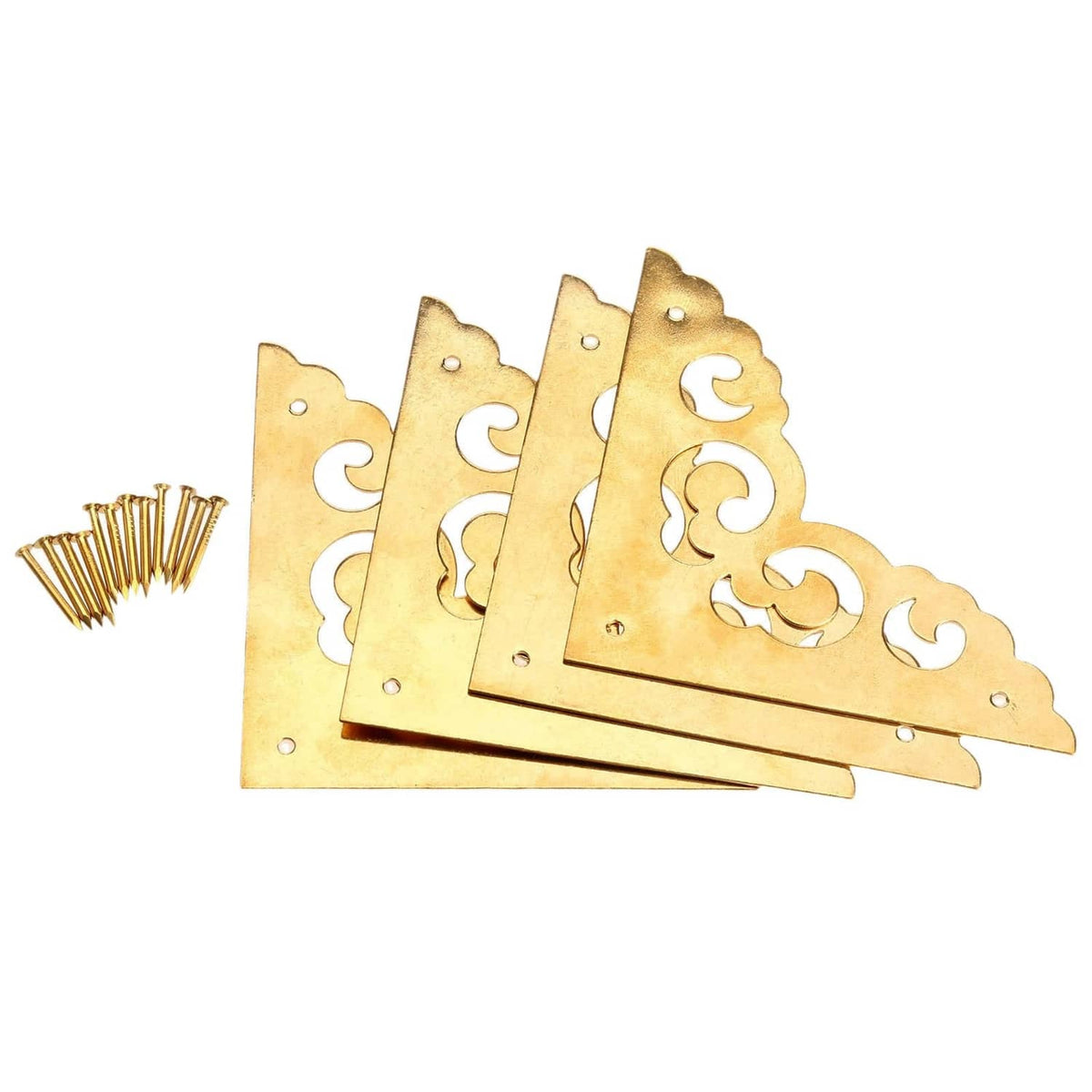 Brass table corner bracket set with ornate scroll cutouts and mounting holes, includes screws