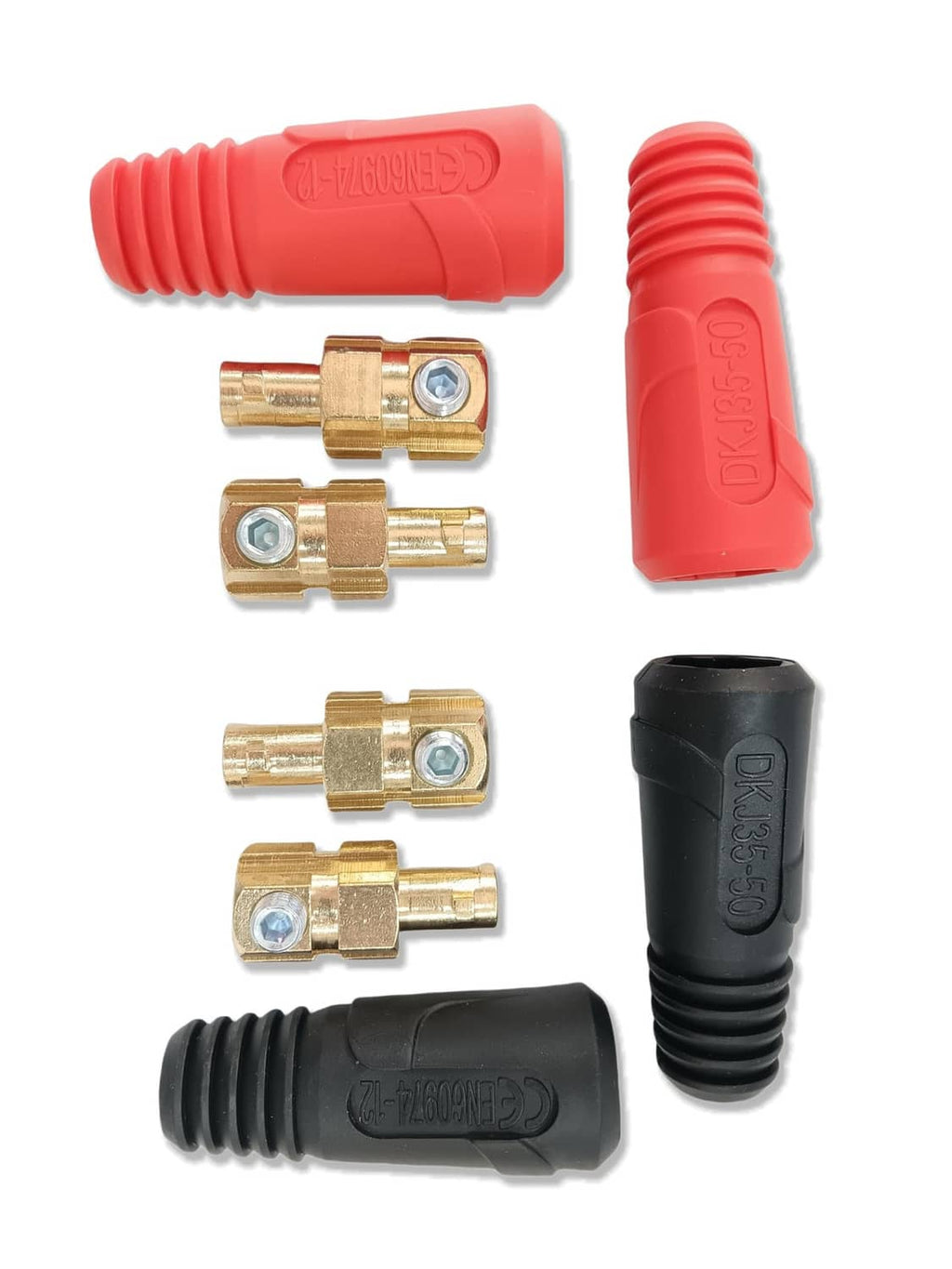 Welding cable connector plug set with red/black insulated housings and brass terminals