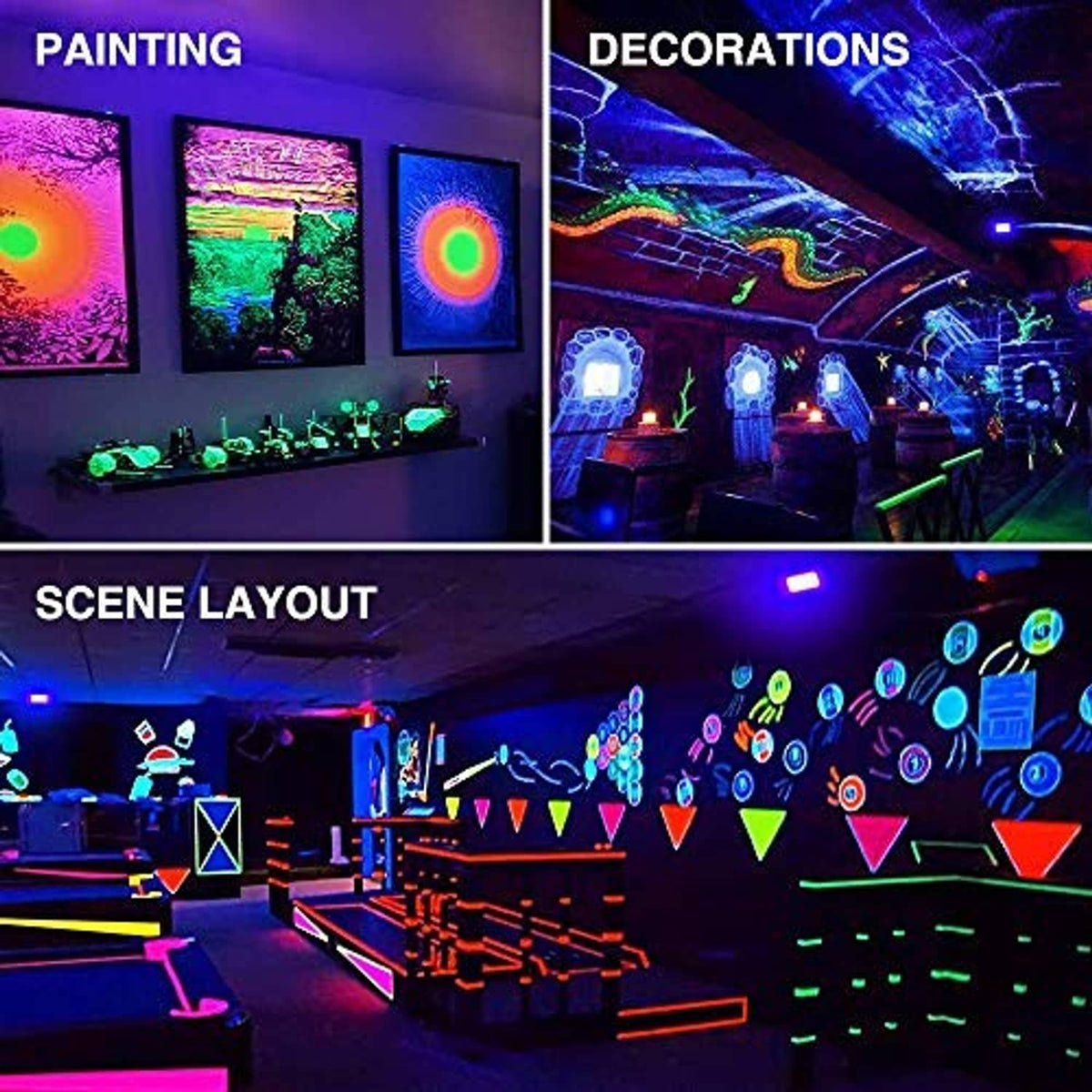 Blacklight flood lights illuminating wall decor and displays with purple glow