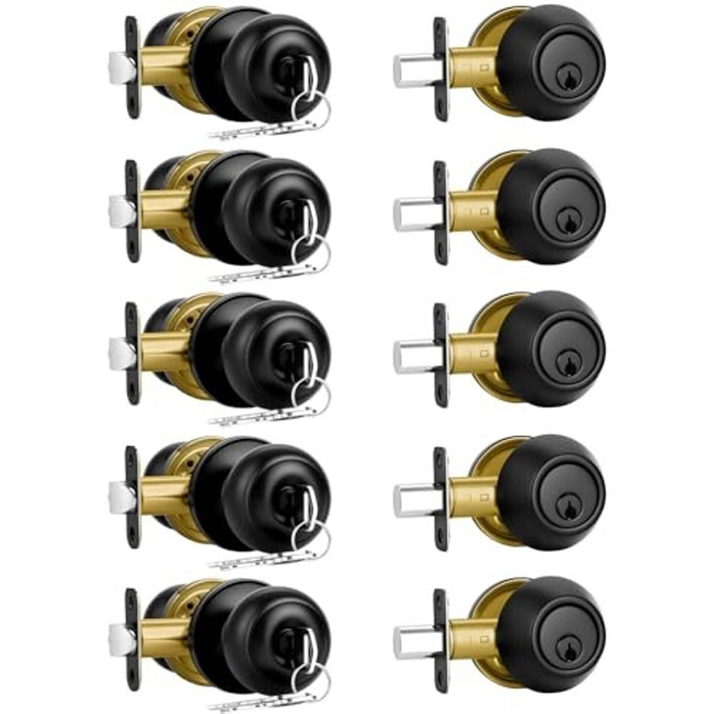Matte black door lock set with gold cylinder and keys, multiple handle and knob views