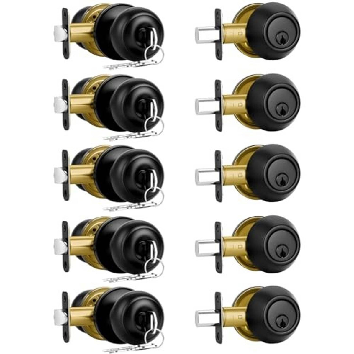 Matte black door lock set with gold cylinder and keys, multiple handle and knob views