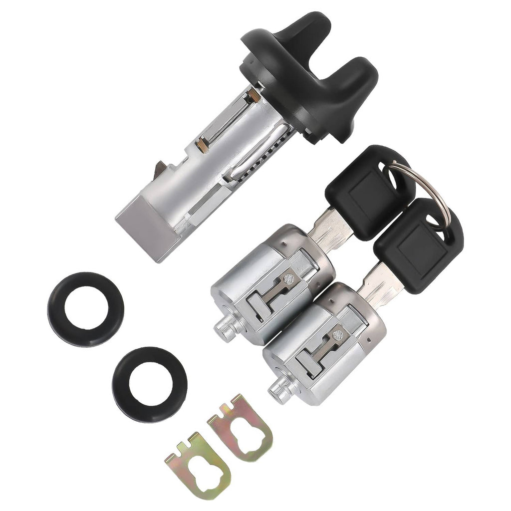 Ignition and door lock cylinders with black key fobs, keys, and two rubber seals