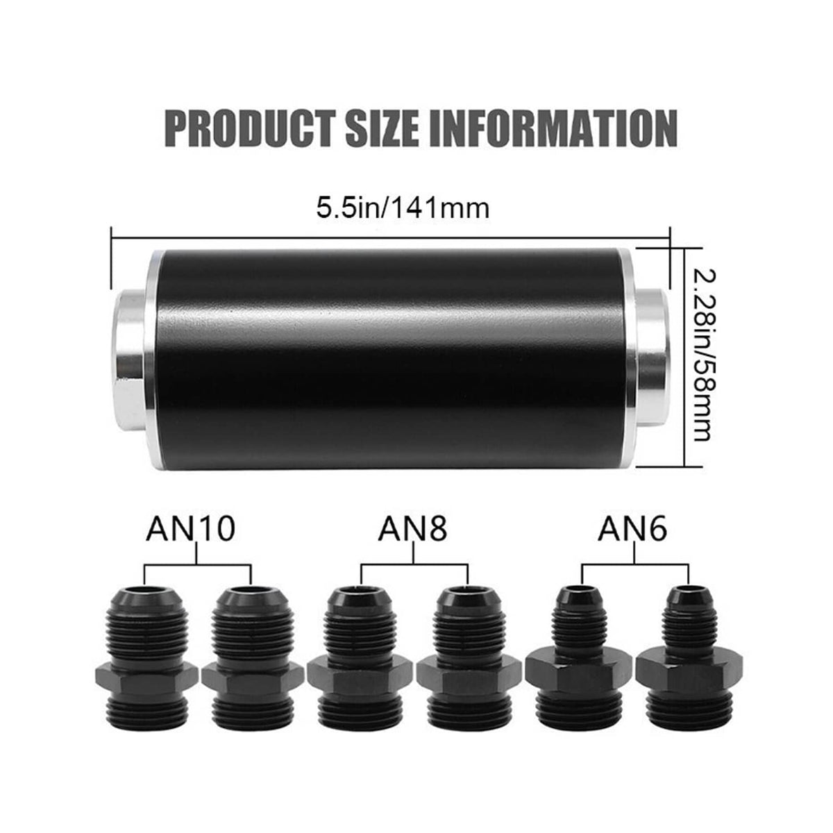 Universal inline fuel filter with size dimensions, black housing, and AN6/AN8/AN10 adapters.