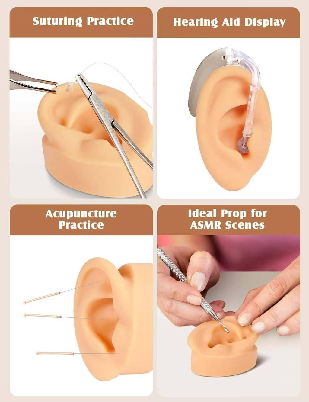 Skin-tone silicone ear model for practice, with inner ear detail and pin-practice setup