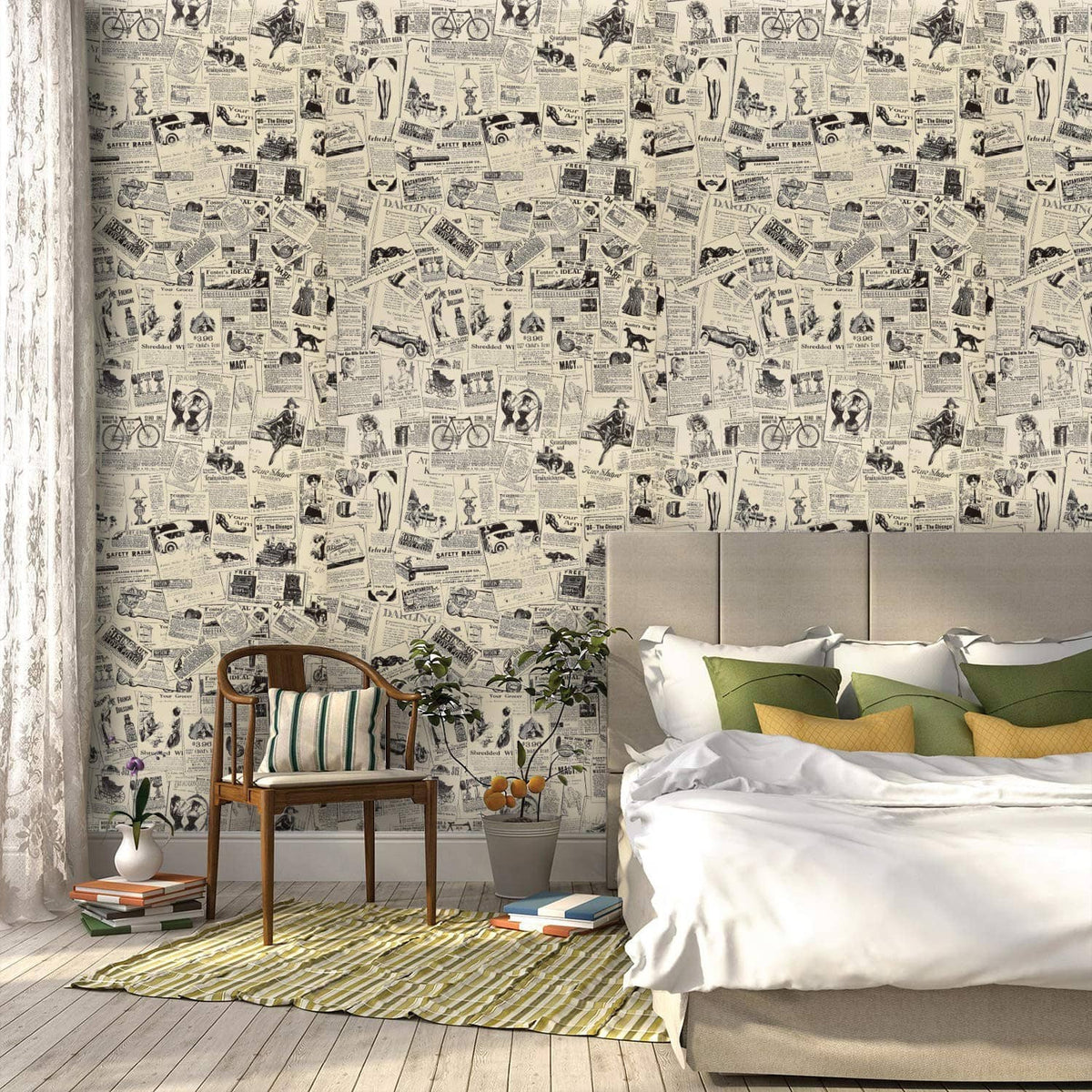 Newspaper-pattern contact paper covering a bedroom accent wall with furniture and bedding