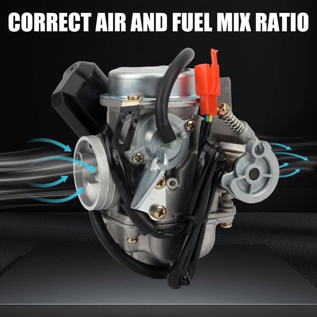 Carburetor assembly with air and fuel mix arrows, air filter and intake hose