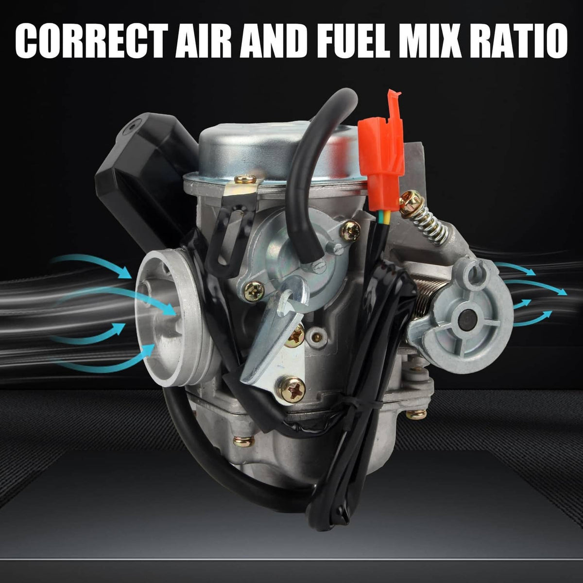 Carburetor assembly with air and fuel mix arrows, air filter and intake hose