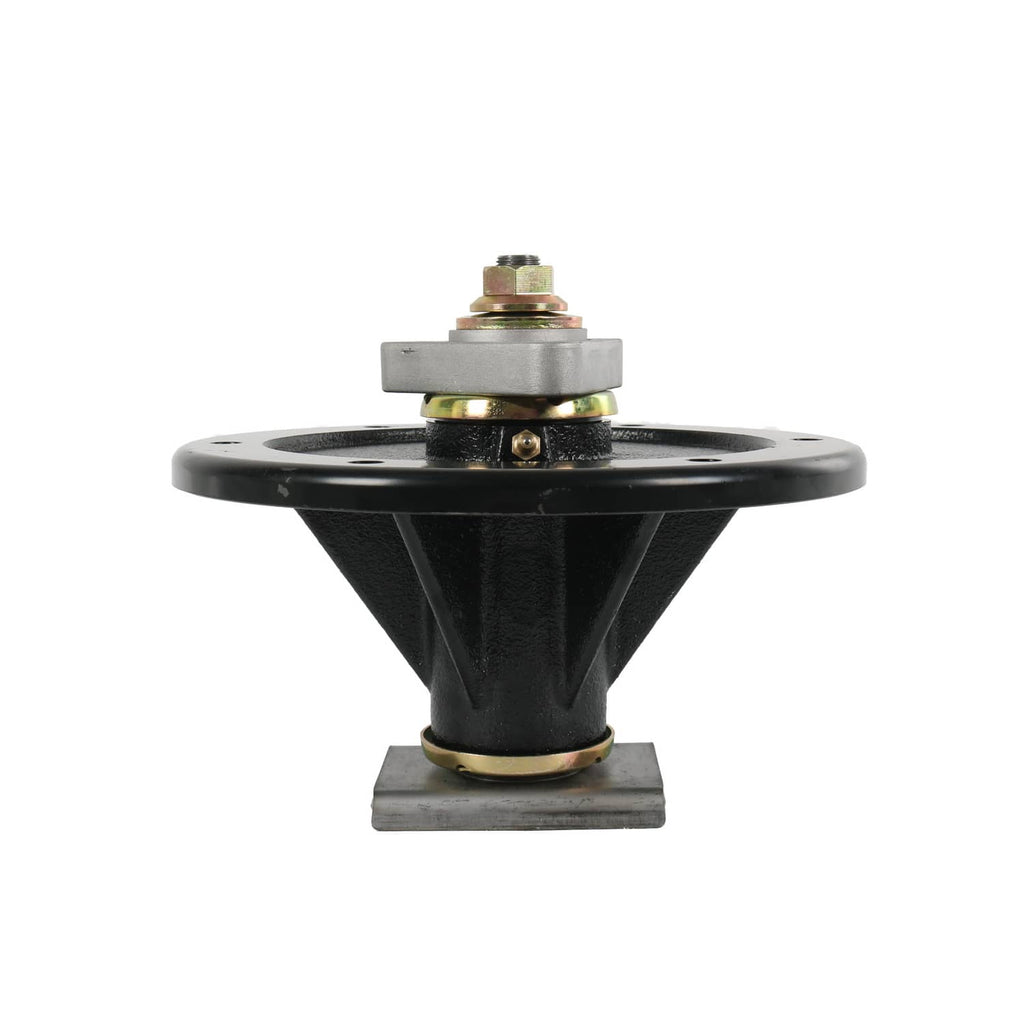 Black mower deck spindle with top bolt and central hub, front view