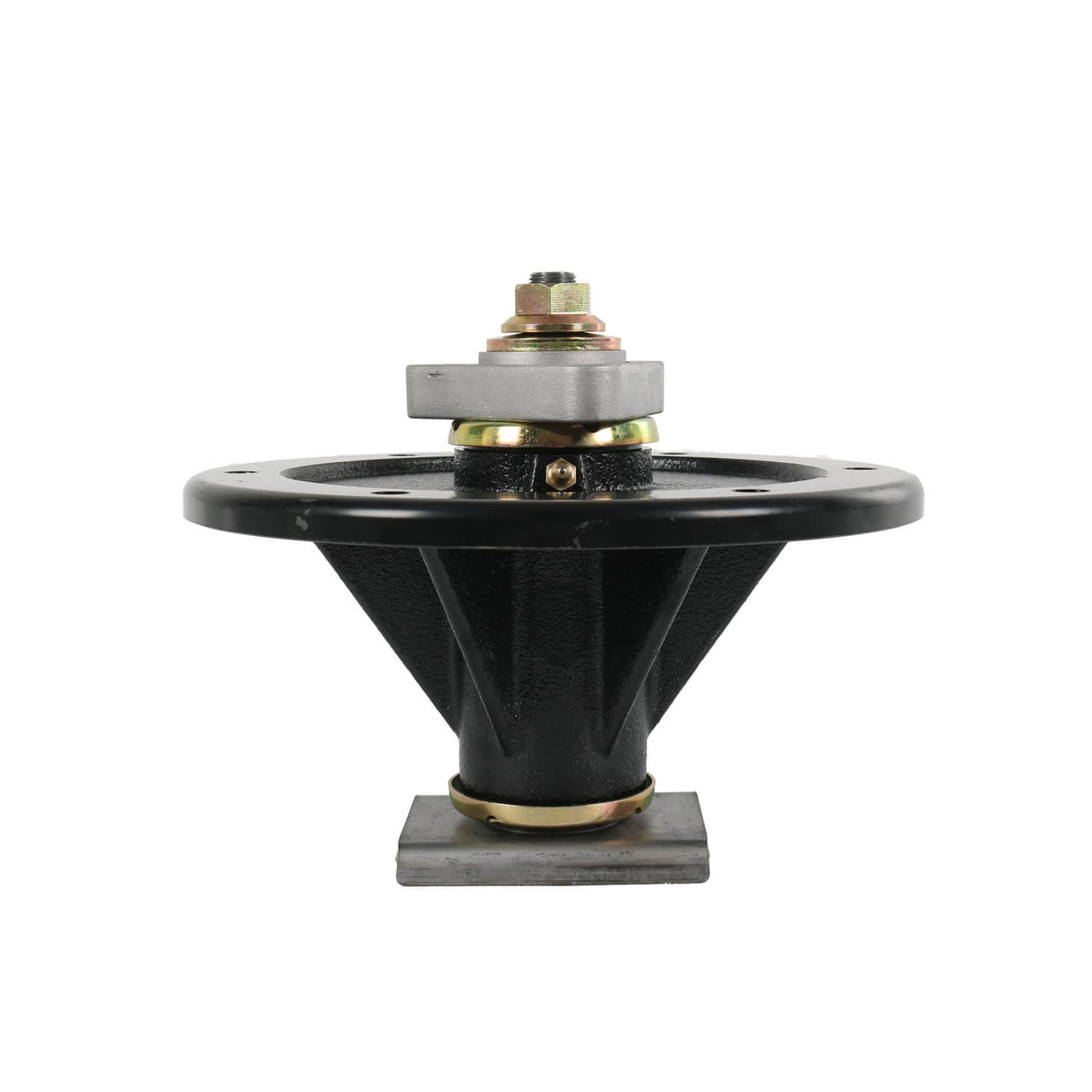 Black mower deck spindle with top bolt and central hub, front view
