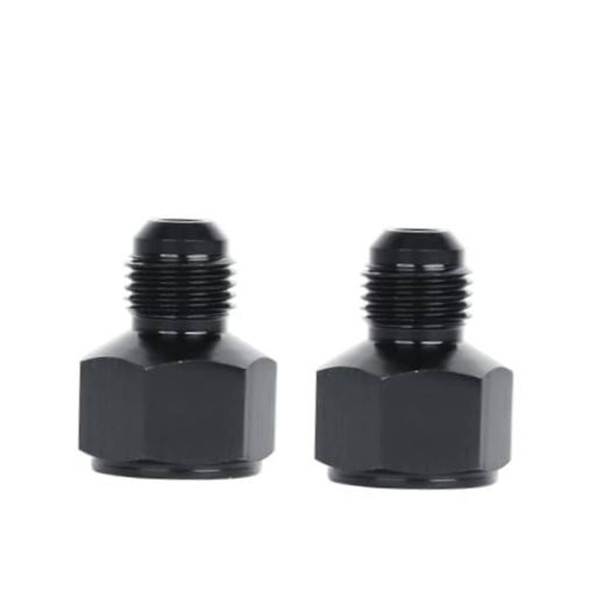 AN flare reducer adapter, black aluminum hex body with external threaded ends