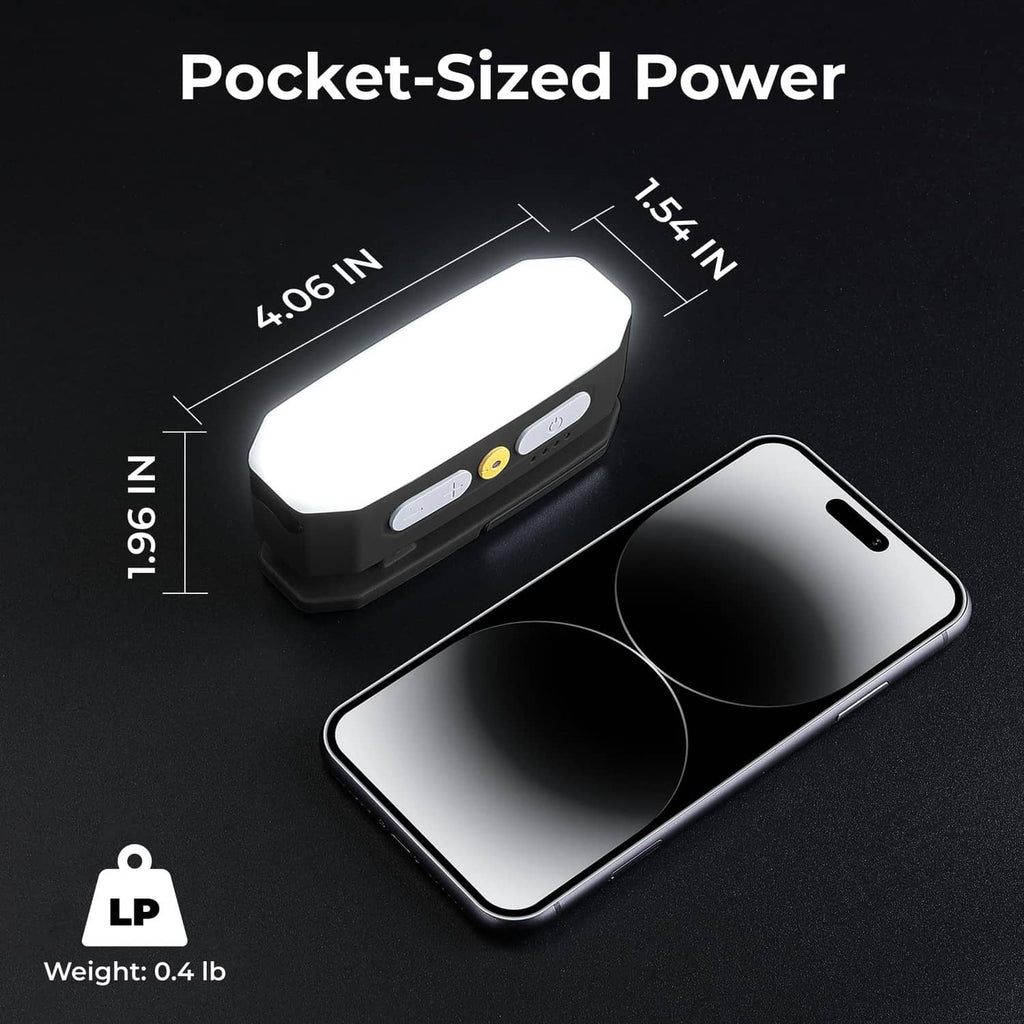 Black pocket-sized rechargeable light with side buttons and built-in display