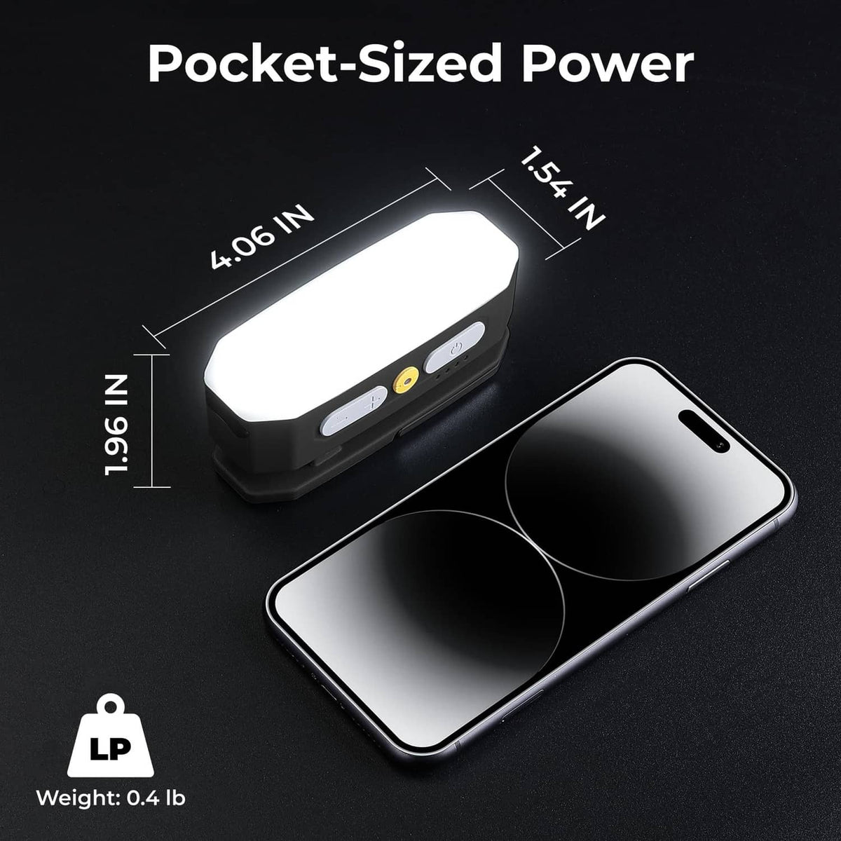 Black pocket-sized rechargeable light with side buttons and built-in display