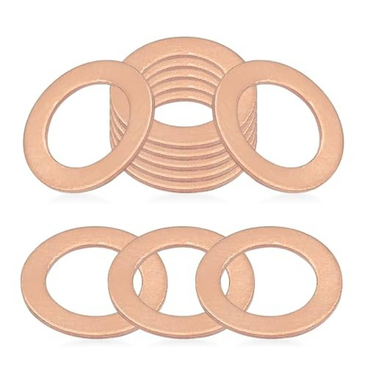 Copper-colored round oil drain plug crush washers set of 7, stacked and overlapped