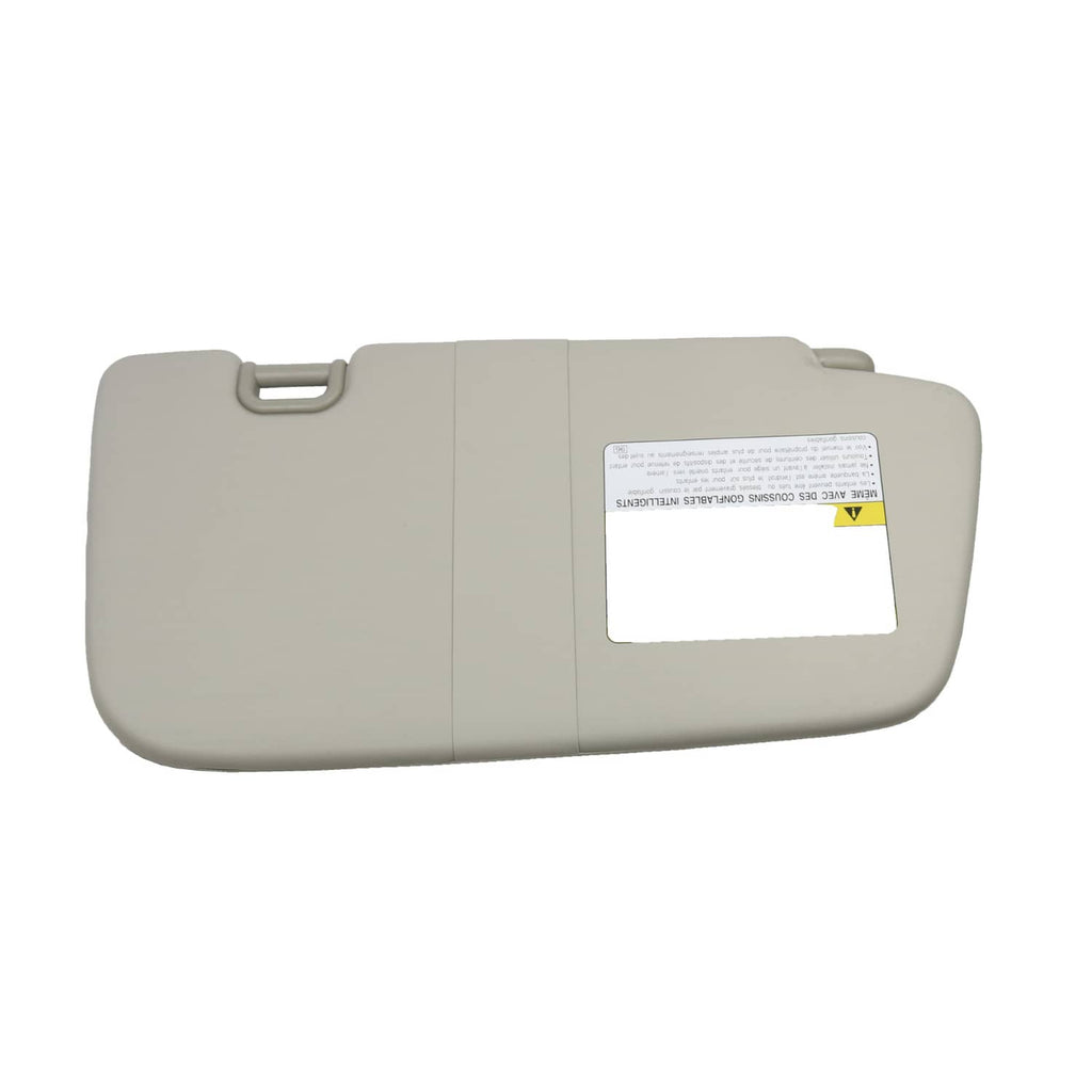 Gray driver-side sun visor with rectangular label panel and side latch