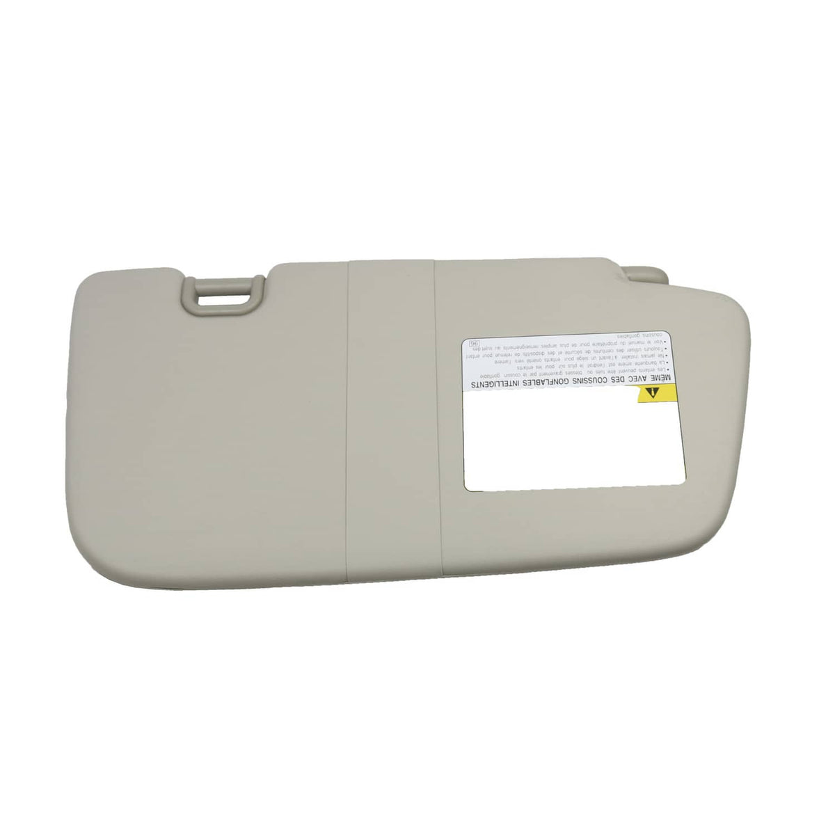 Gray driver-side sun visor with rectangular label panel and side latch