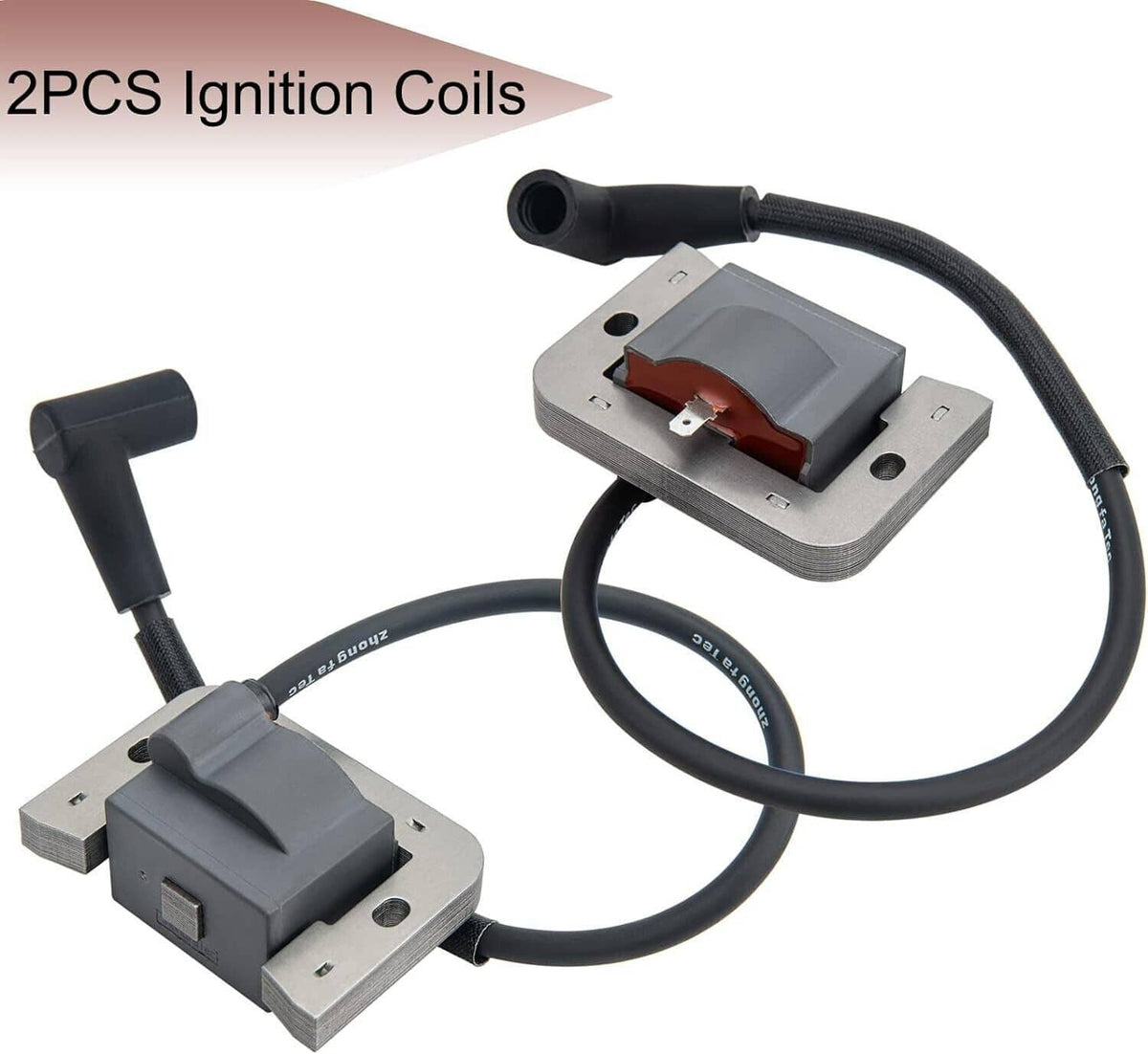 Two ignition coil modules with black cables and gray bases, one red contact each