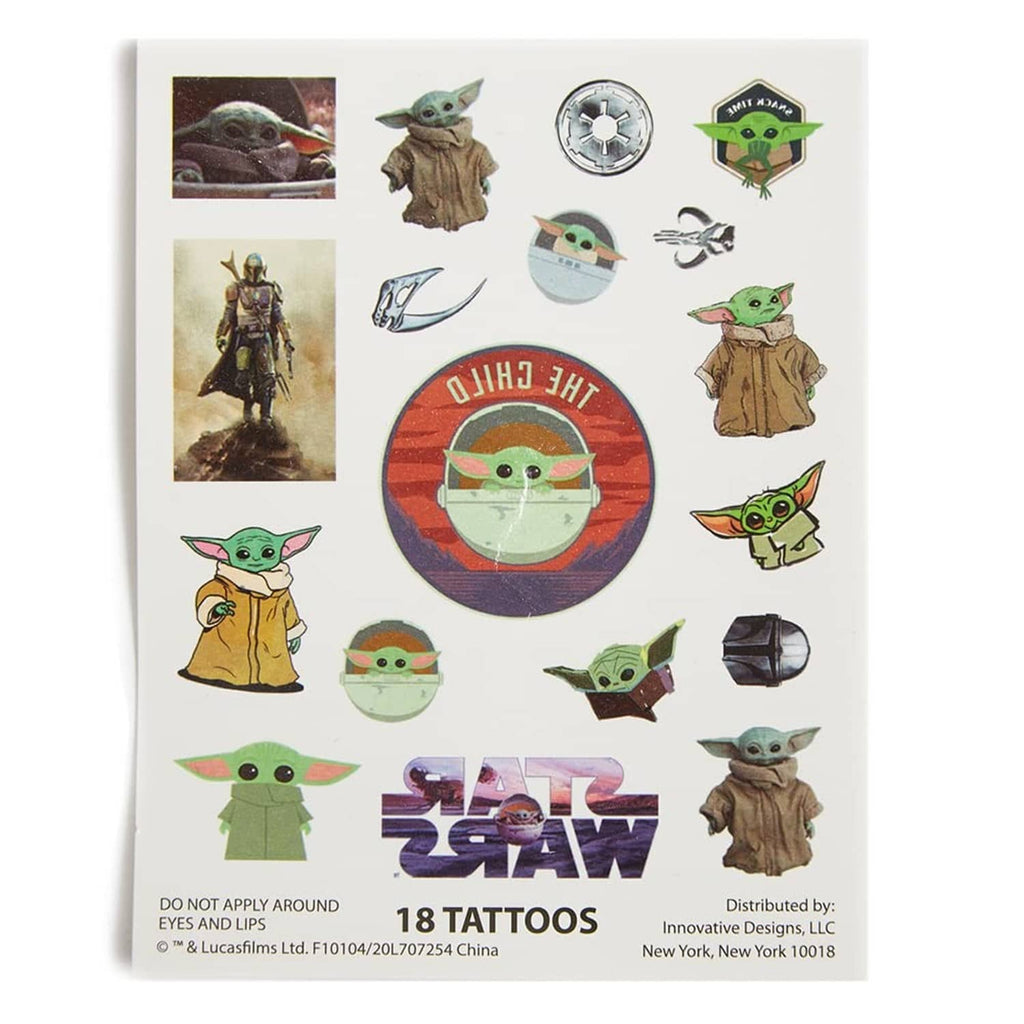 Sheet of Mandalorian baby Yoda temporary tattoos with character designs