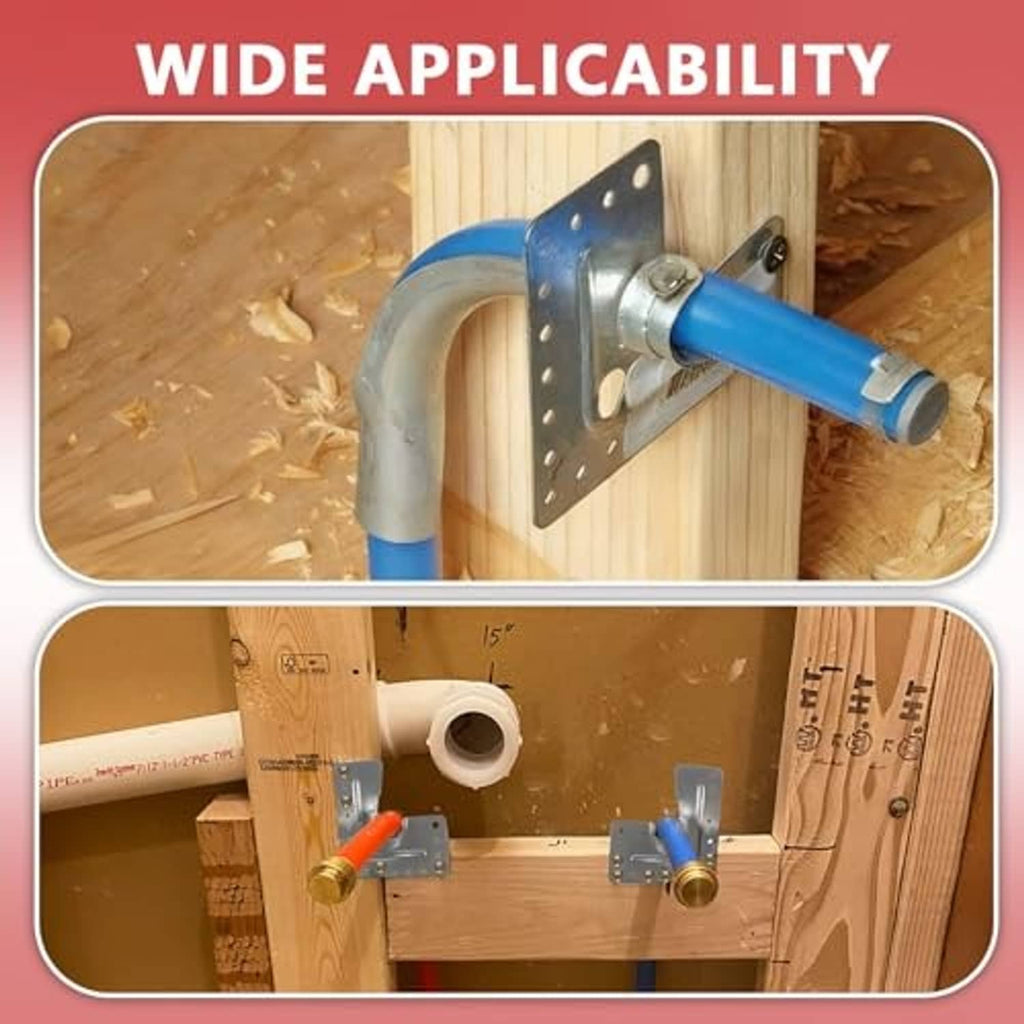 Metal 90-degree elbow bend support bracket with nail flange mounted to wooden stud with blue pipe