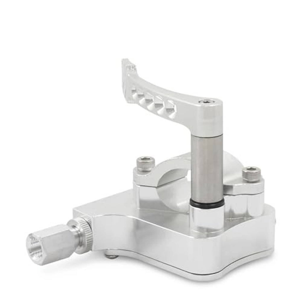 CNC billet thumb throttle extender side view with lever and threaded adjuster, silver