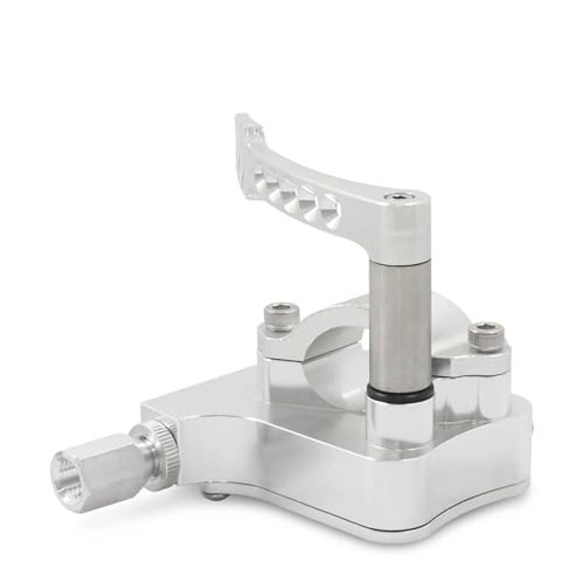 CNC billet thumb throttle extender side view with lever and threaded adjuster, silver