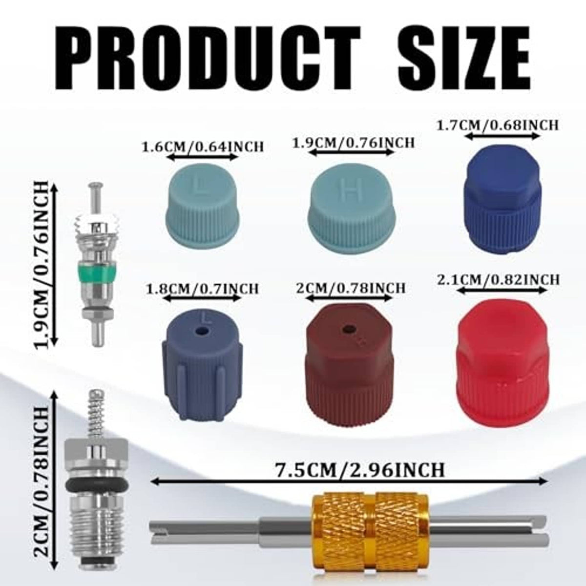 Car AC valve core kit showing colored dust caps and metal valve cores with dimensions
