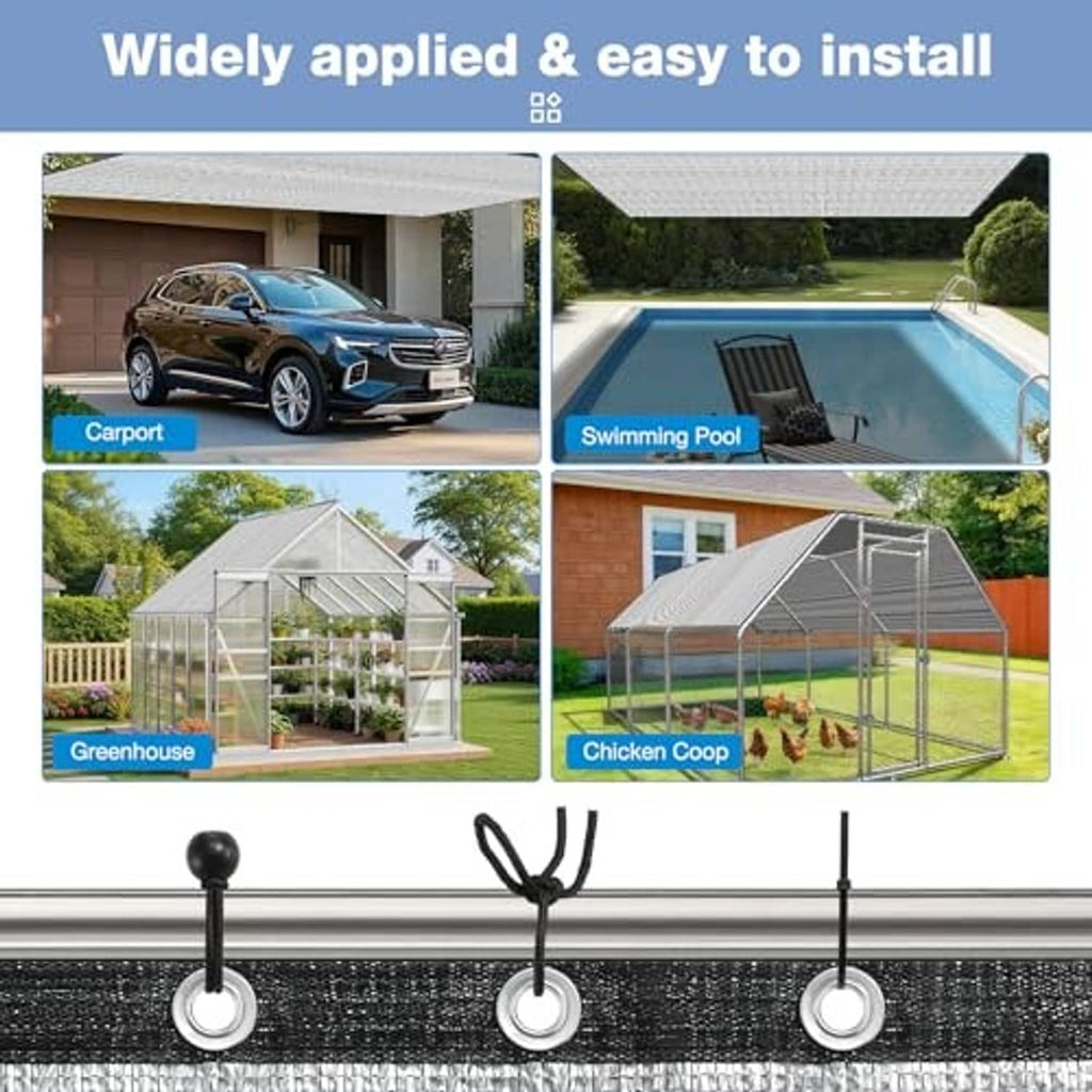 Silver aluminet shade cloth mounted overhead with grommets and hanging cords