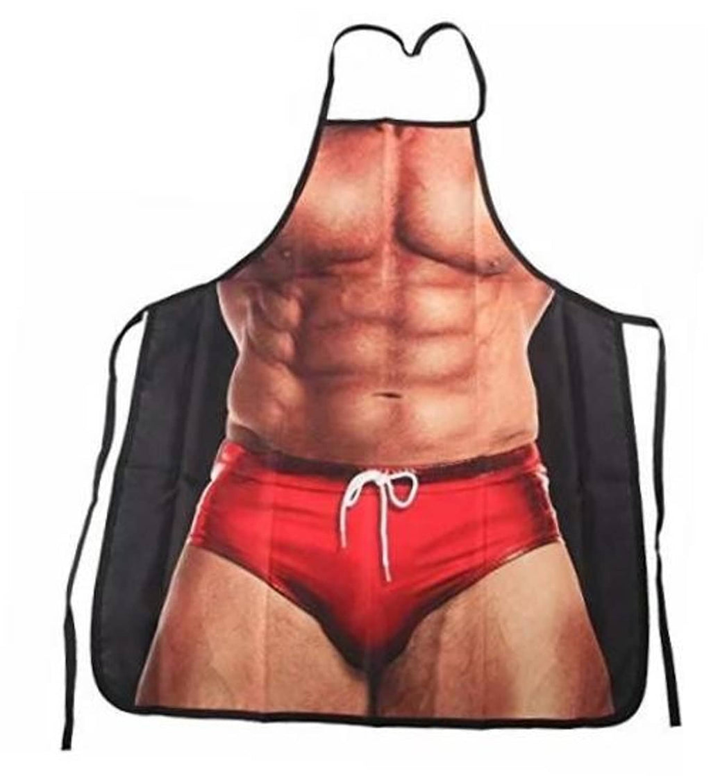 Funny muscle-man grilling apron with red shorts graphic and black tie straps