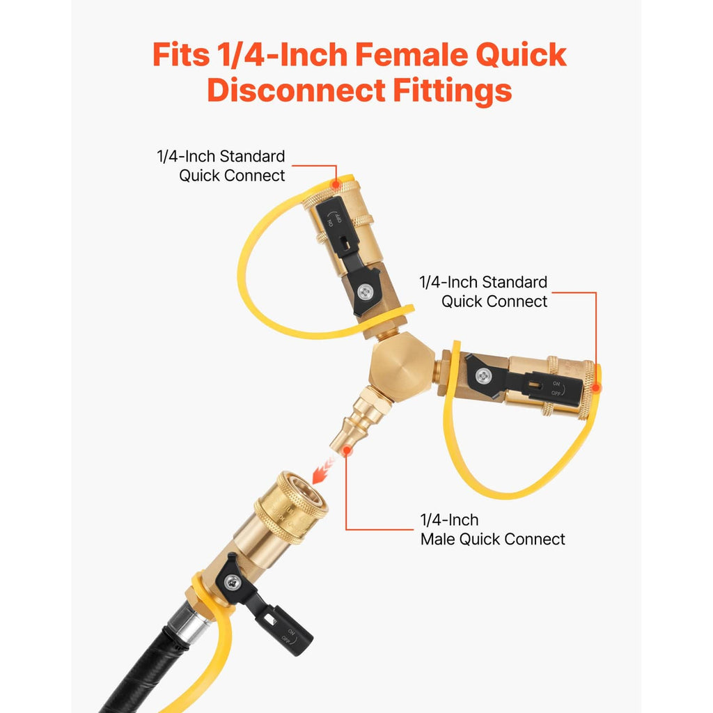 Brass propane quick-connect splitter adapter with 1/4-inch male and female fittings