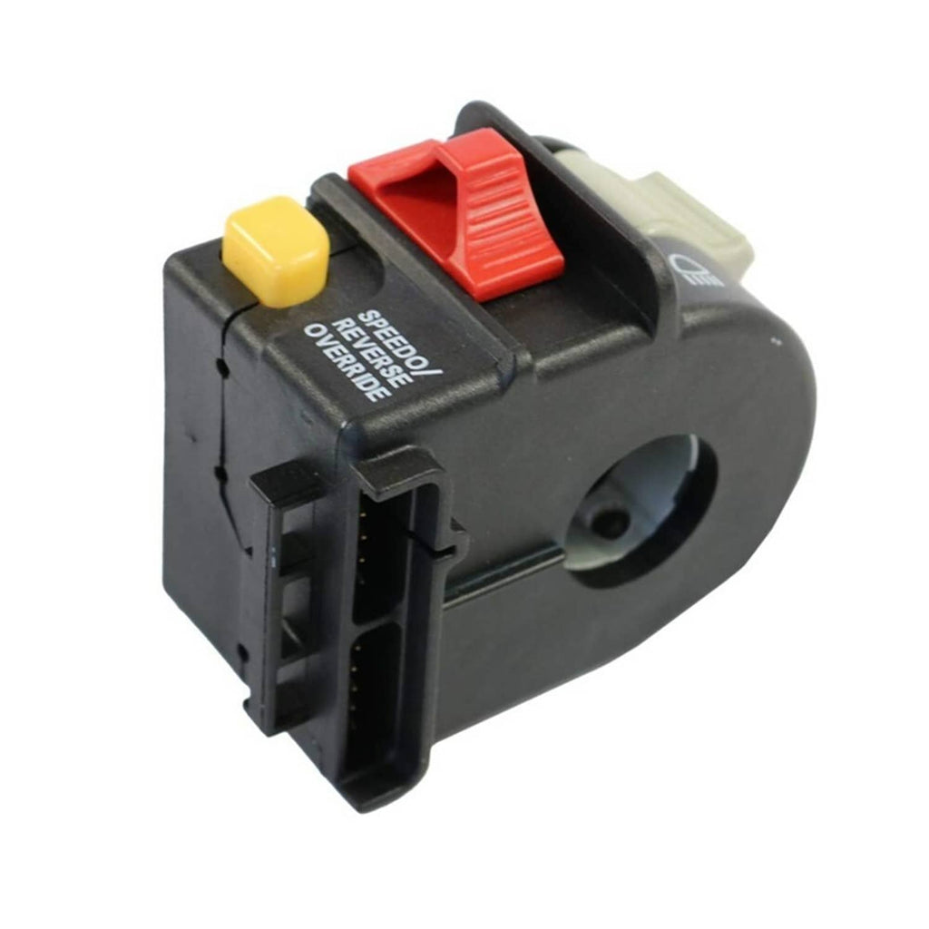 Left handlebar switch with black connector side, red switch, yellow lever, speed/reverse markings