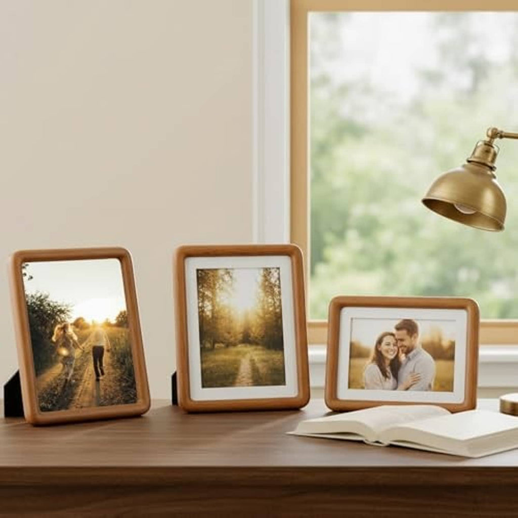 Teak wood picture frame set with glass front, standing on a tabletop