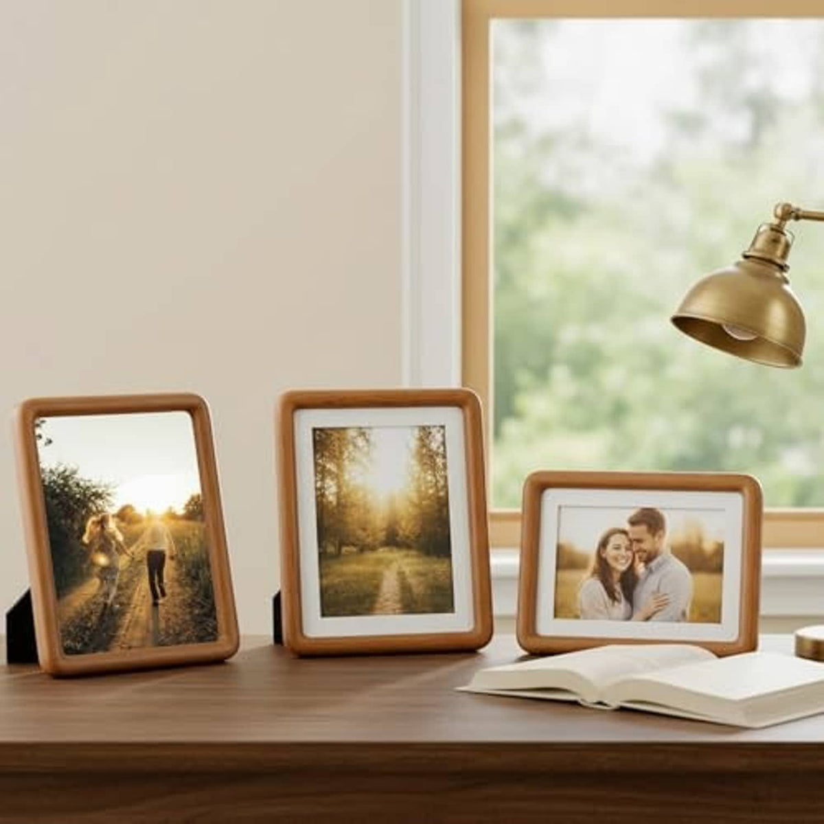 Teak wood picture frame set with glass front, standing on a tabletop