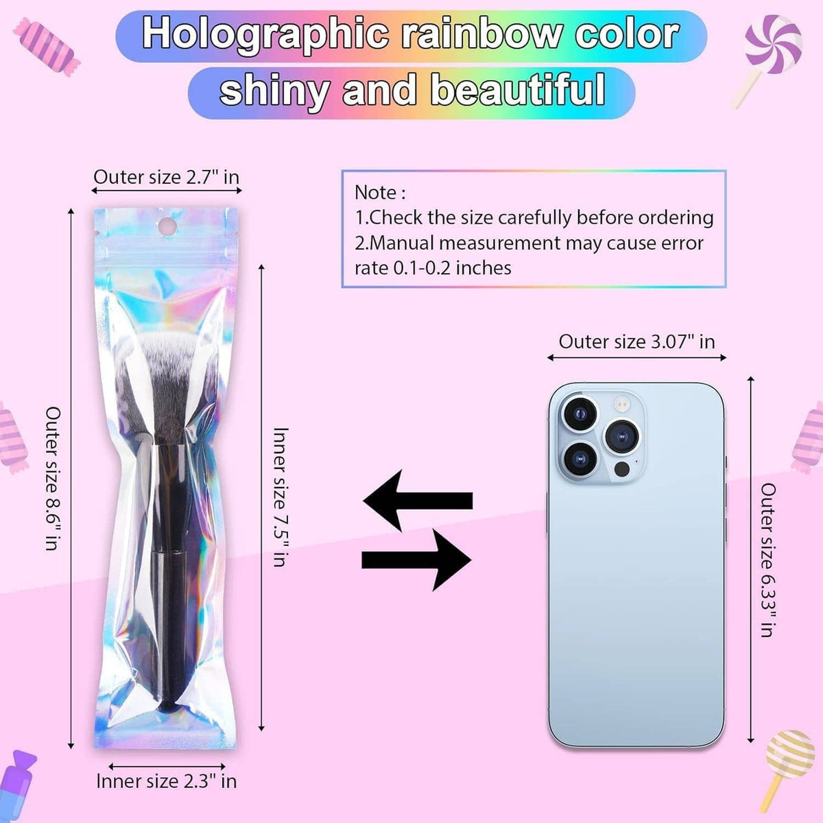 Holographic rainbow pen bag with hanging hole and resealable zipper top