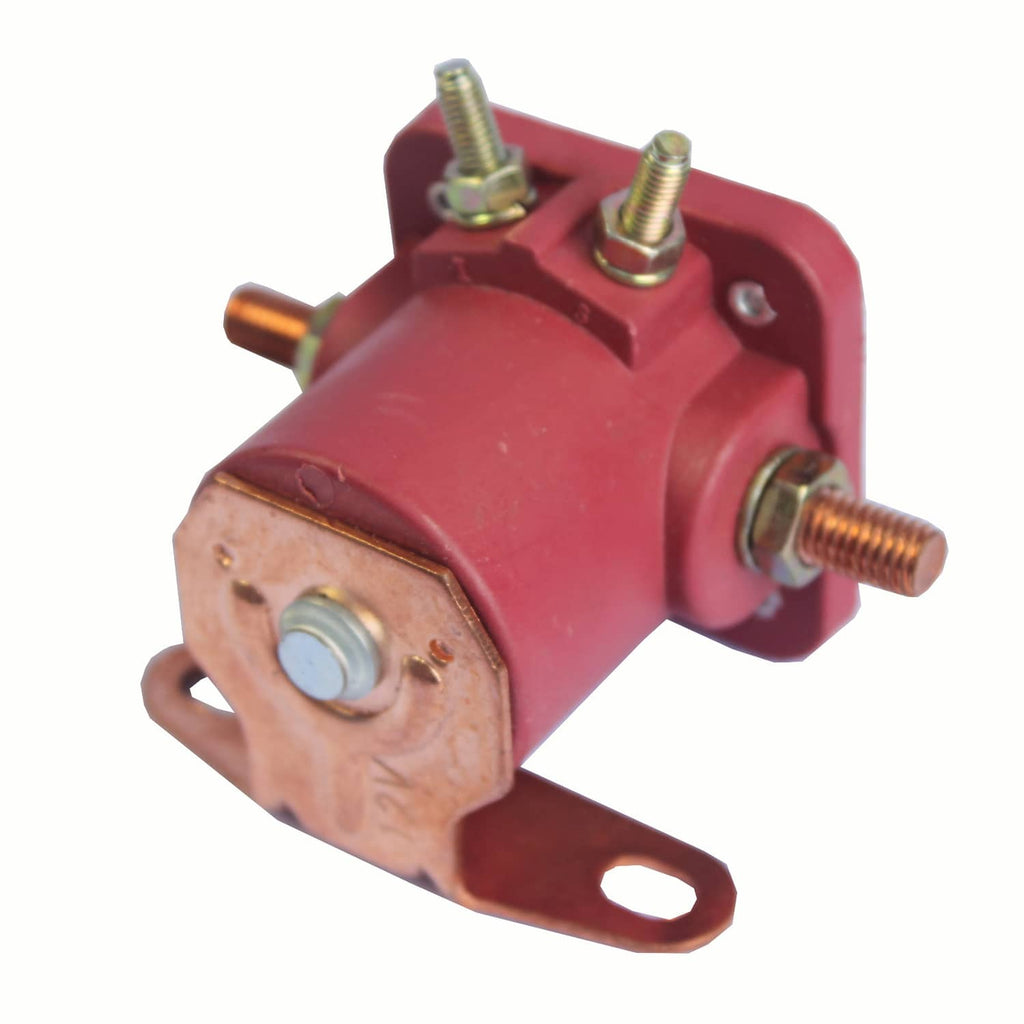 Red 12V solenoid relay with copper contact plate, side terminal, and strap
