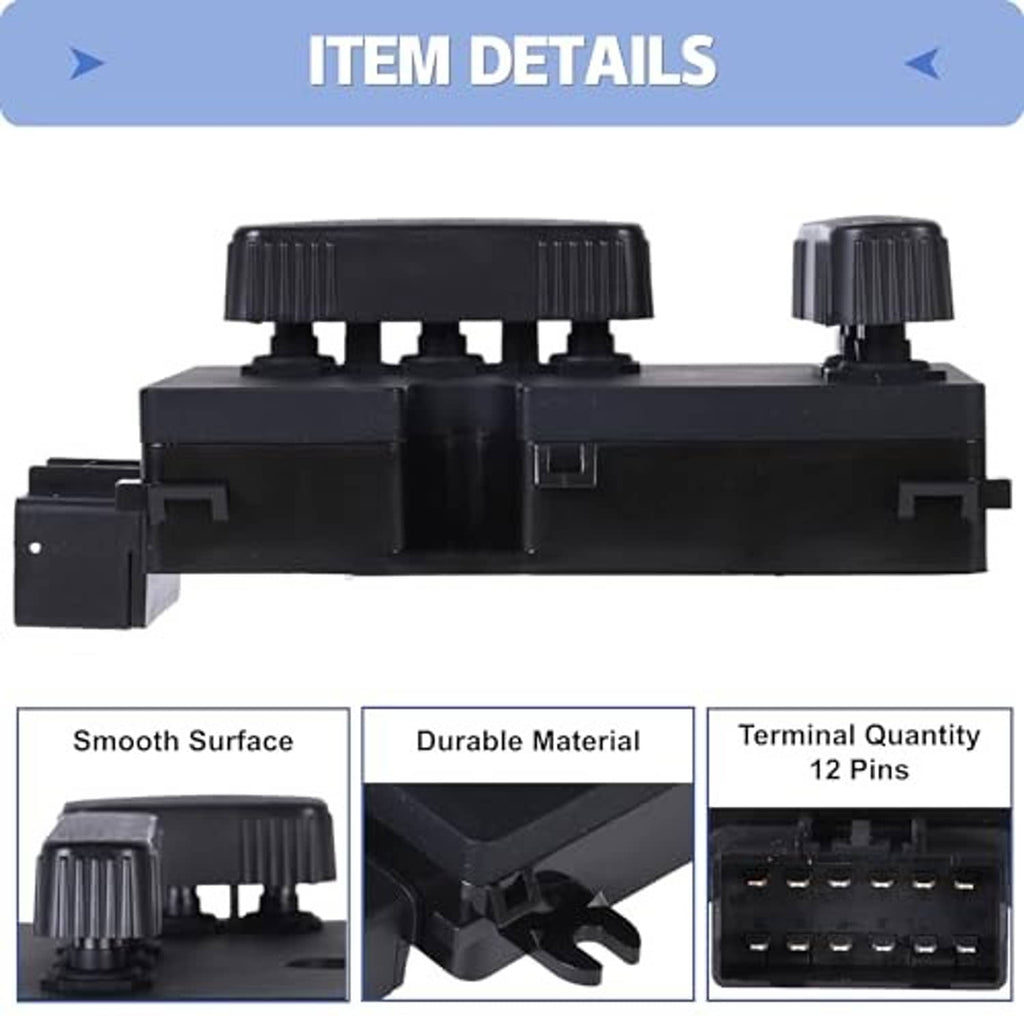 Power seat switch module with four ribbed top buttons and connector tabs, black