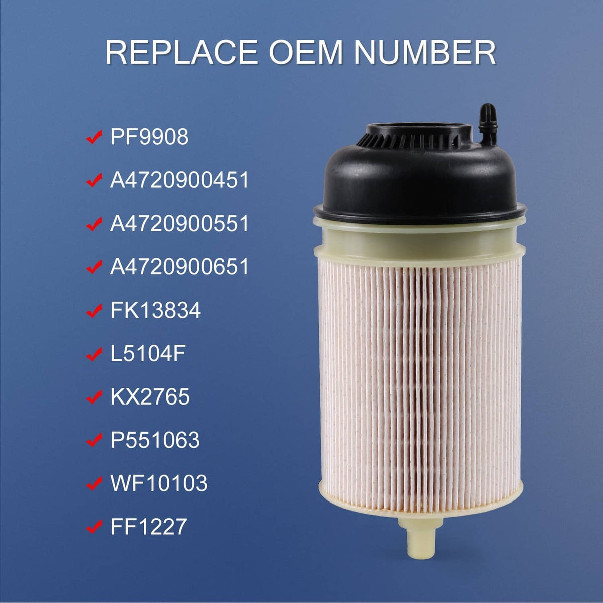 Fuel filter cartridge with black top and beige filter media; gasket included
