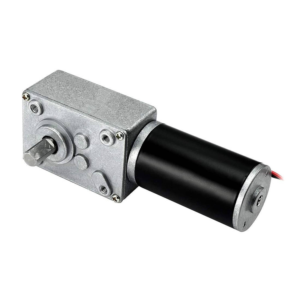 DC worm gear motor with silver housing, black cylinder, output shaft and red wire