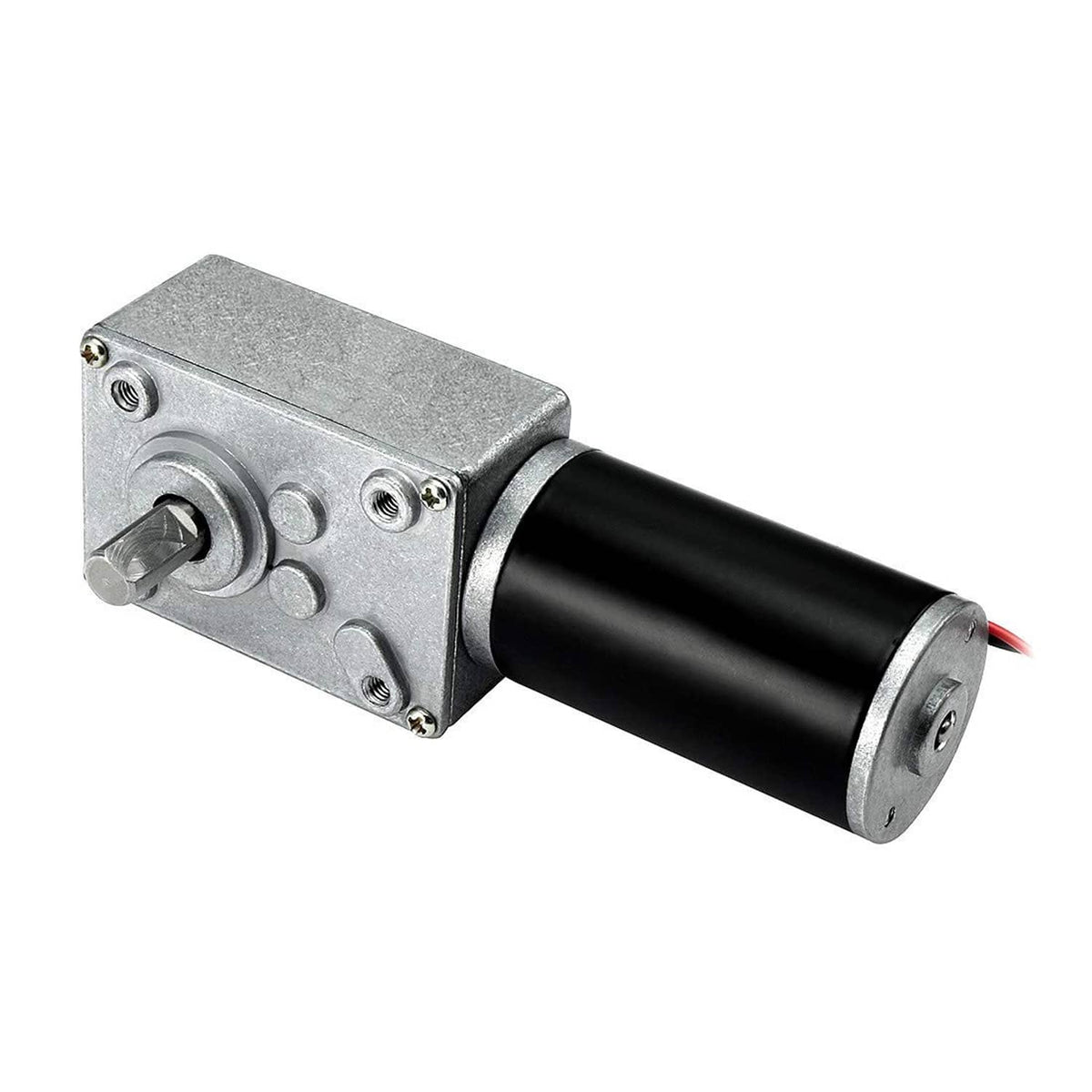 DC worm gear motor with silver housing, black cylinder, output shaft and red wire