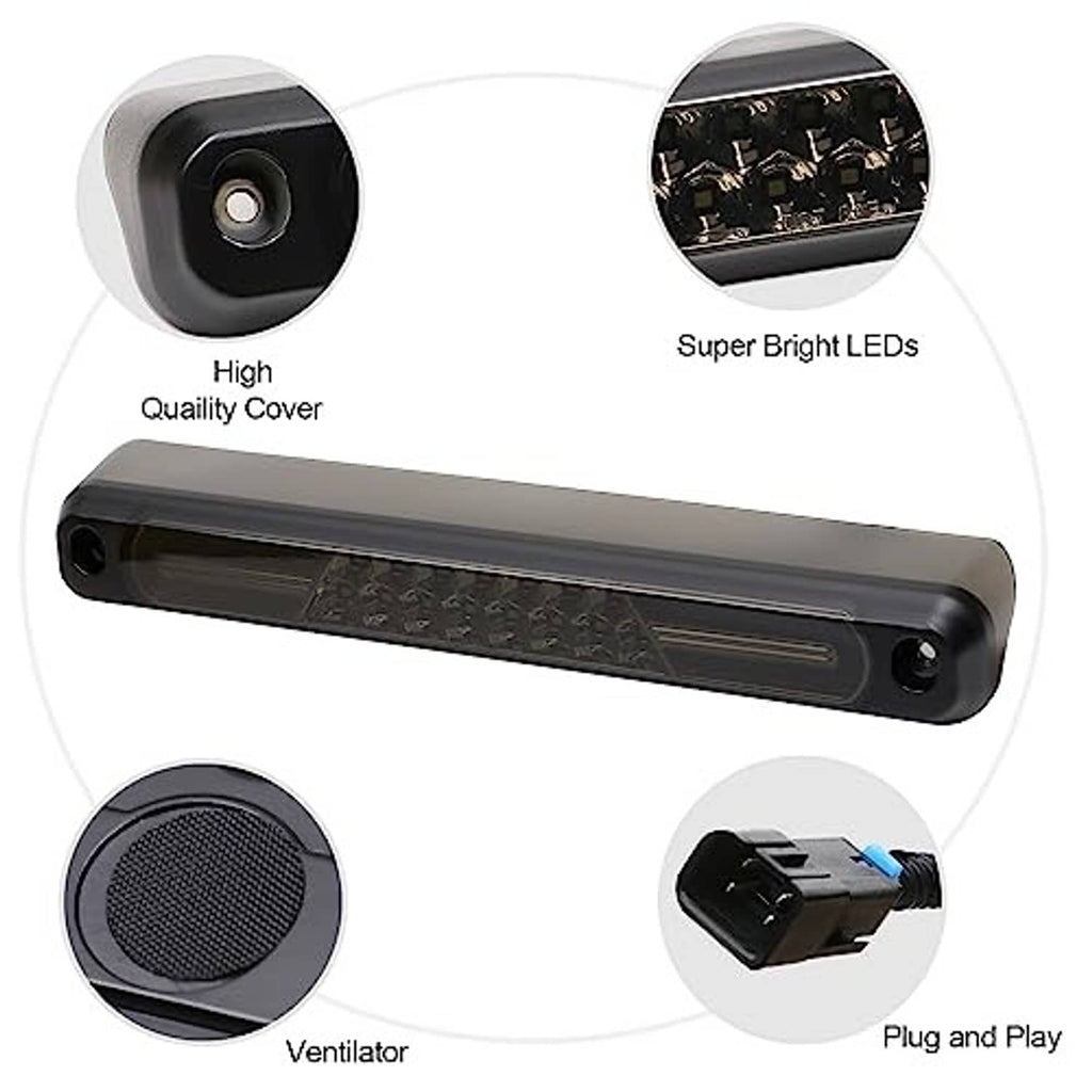 Smoked-lens LED third brake light close-ups: high cover, super bright LEDs, plug-in