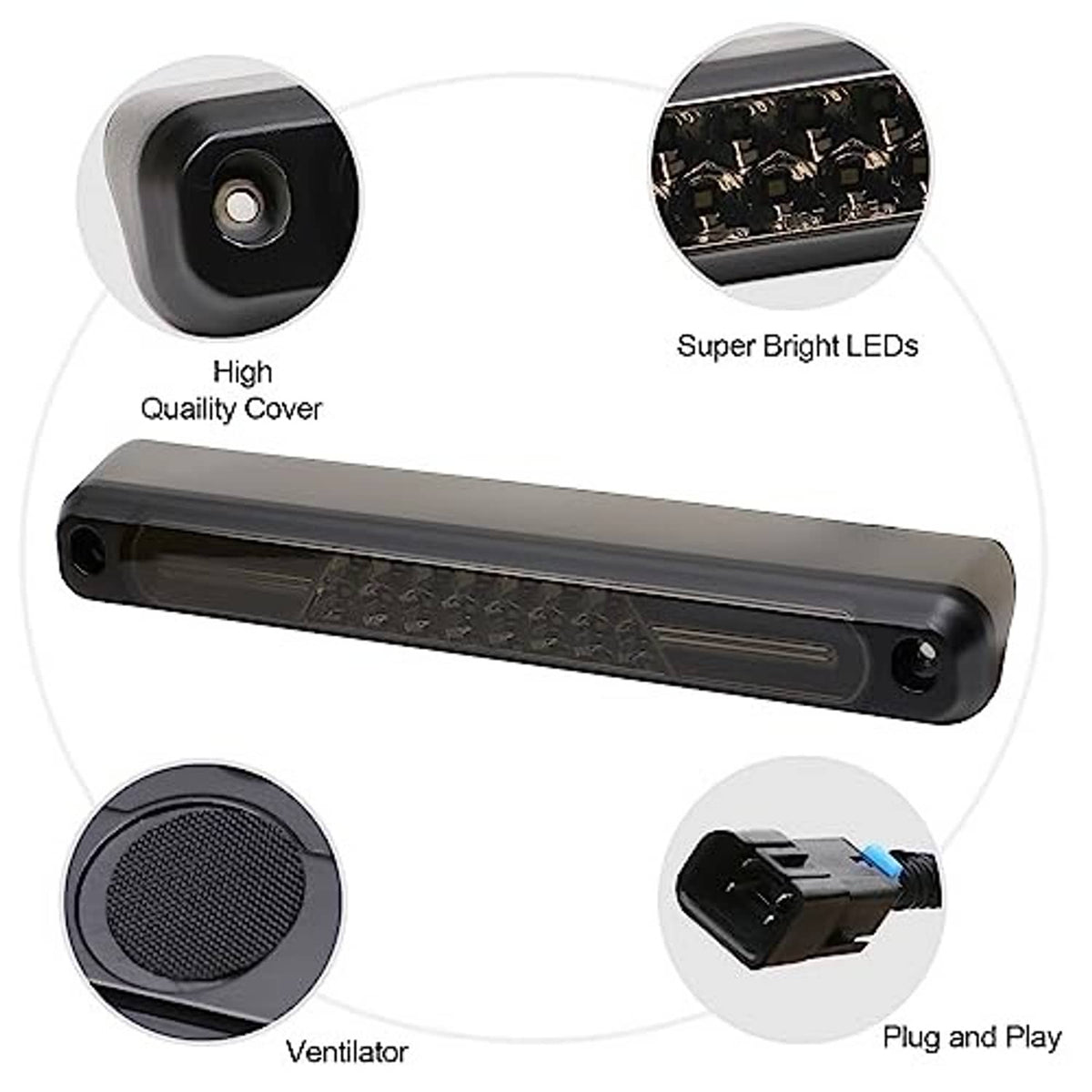 Smoked-lens LED third brake light close-ups: high cover, super bright LEDs, plug-in