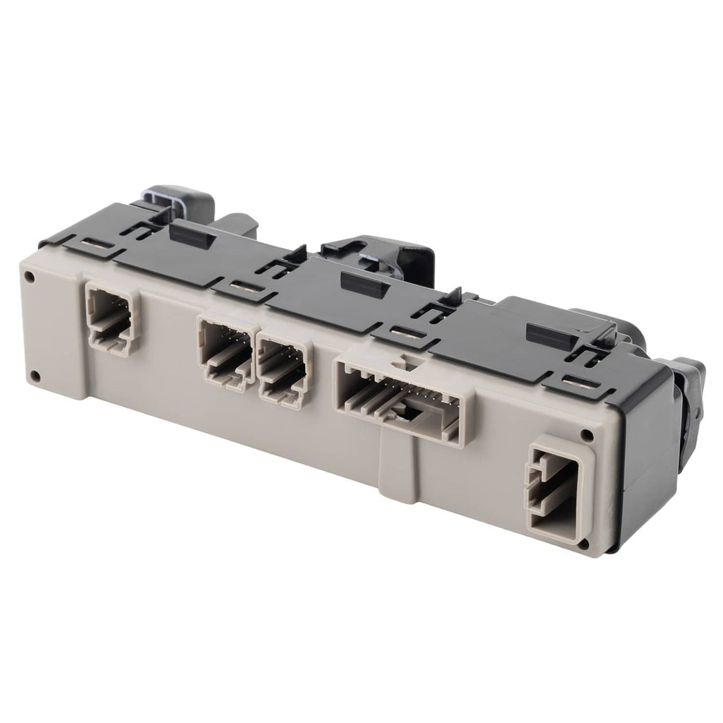 Power window switch rear view with multiple electrical connector ports and mounting tabs