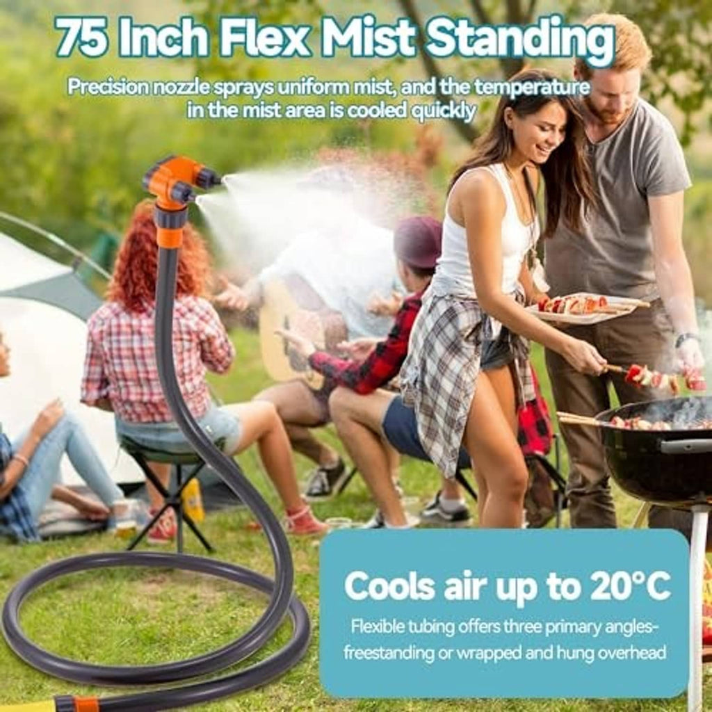 Standing outdoor misting hose with orange nozzle, releasing a fine cooling spray