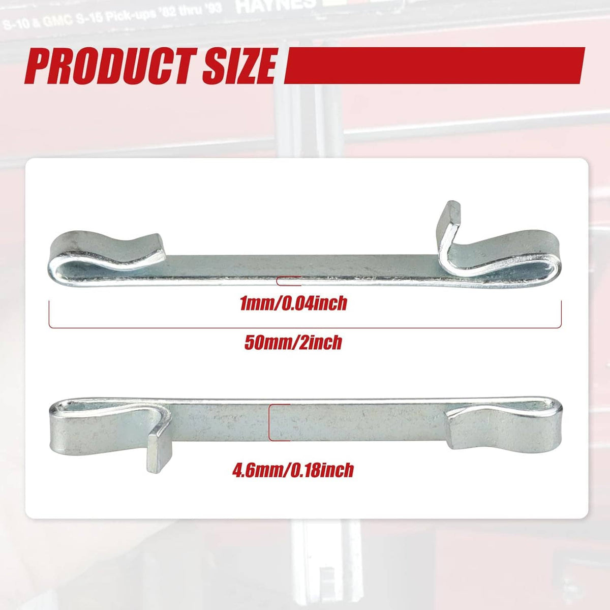 Double-loop drawer slide retaining clips with size measurements, dark gray metal