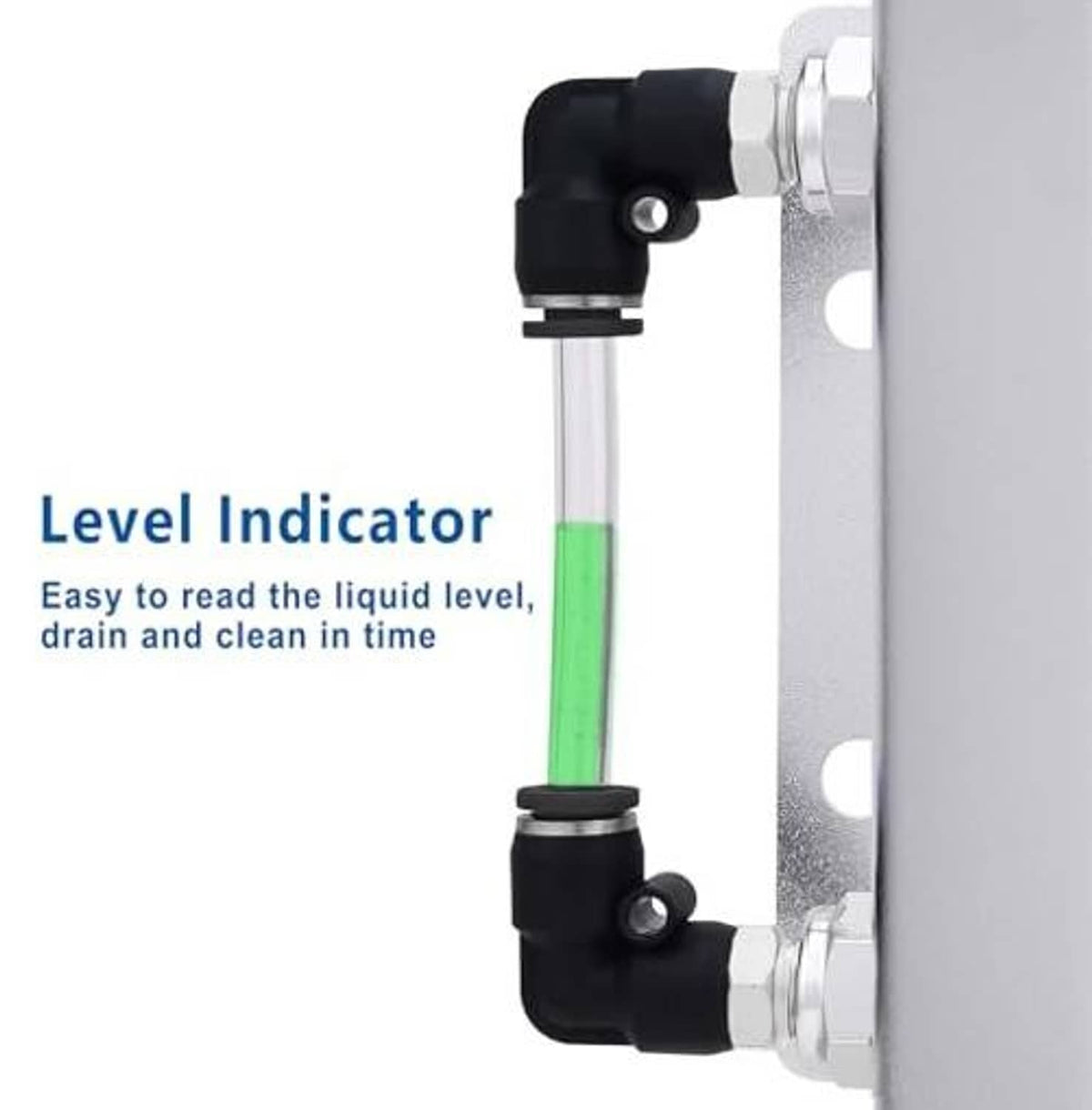Aluminum coolant tank level indicator with clear sight tube and black valve elbows