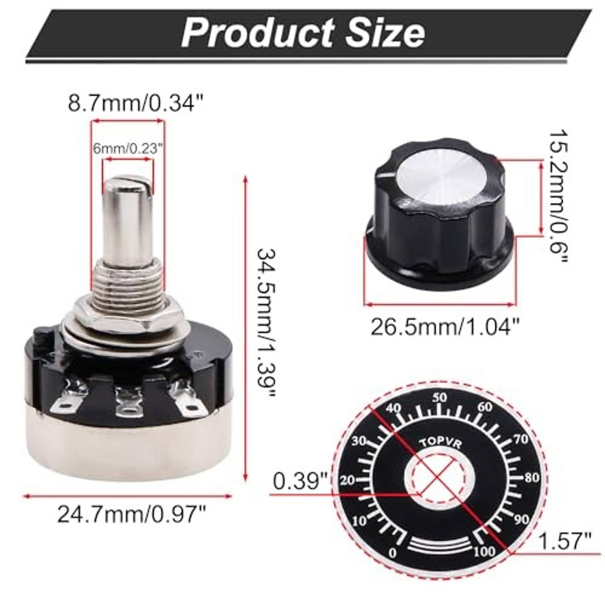 Rotary potentiometer with black knob and dial scale, shown with size dimensions