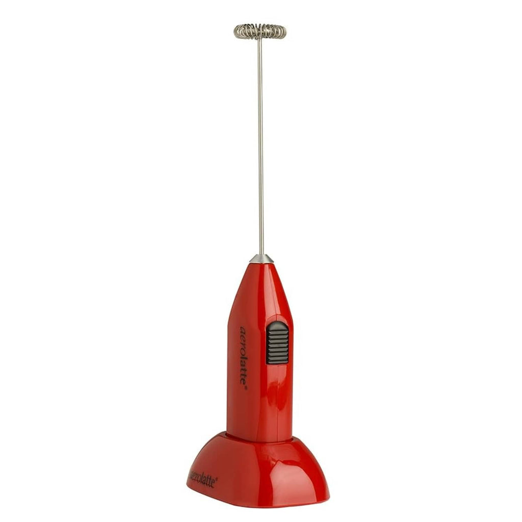 Red milk frother with counter stand and whisk head